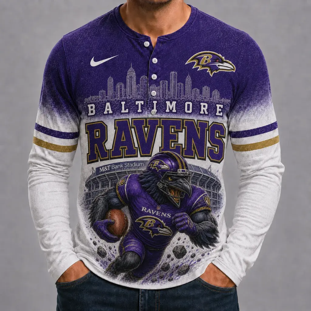 Baltimore Ravens Mascot 3D Graphic Button Long Sleeve Shirt