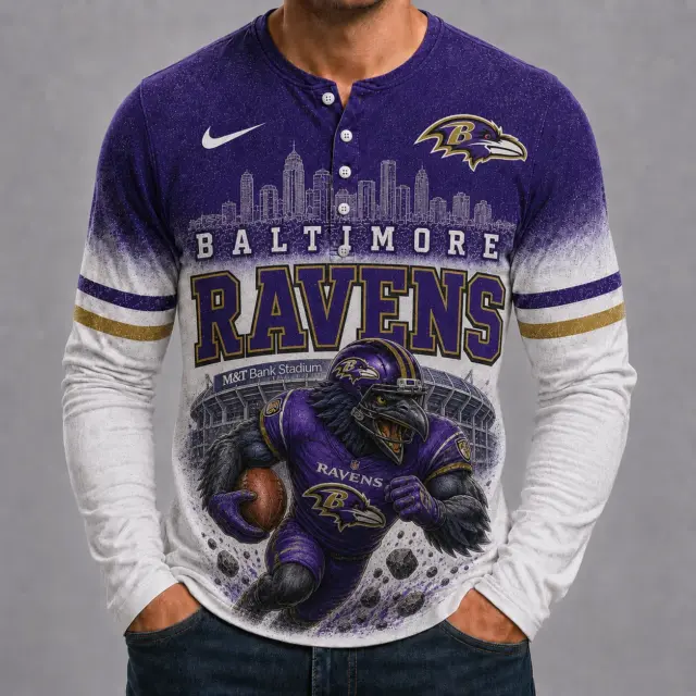 Baltimore Ravens Mascot 3D Graphic Button Long Sleeve Shirt