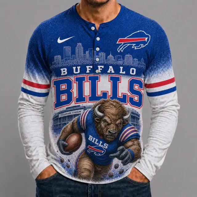 Buffalo Bills Mascot 3D Graphic Button Long Sleeve Shirt