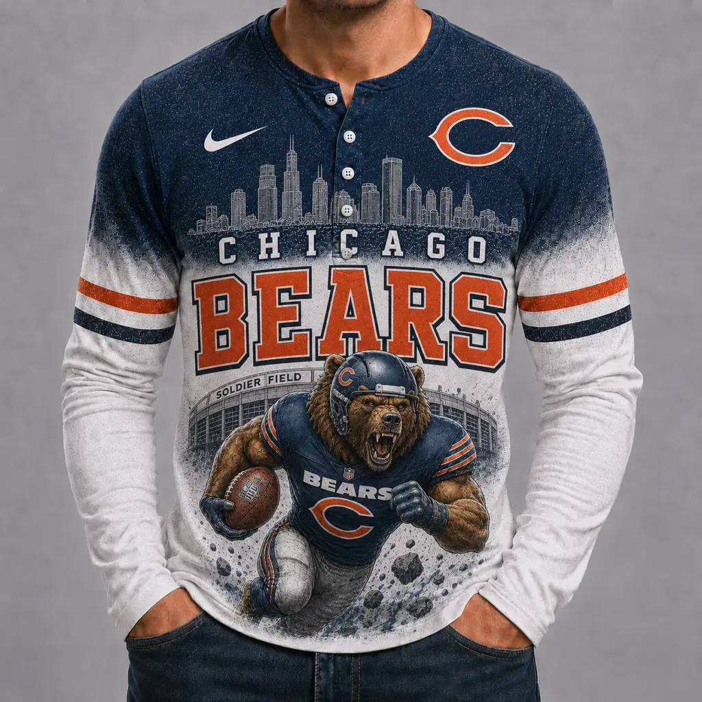 Chicago Bears Mascot 3D Graphic Button Long Sleeve Shirt