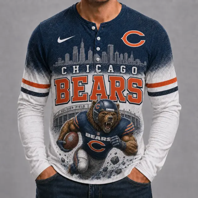 Chicago Bears Mascot 3D Graphic Button Long Sleeve Shirt