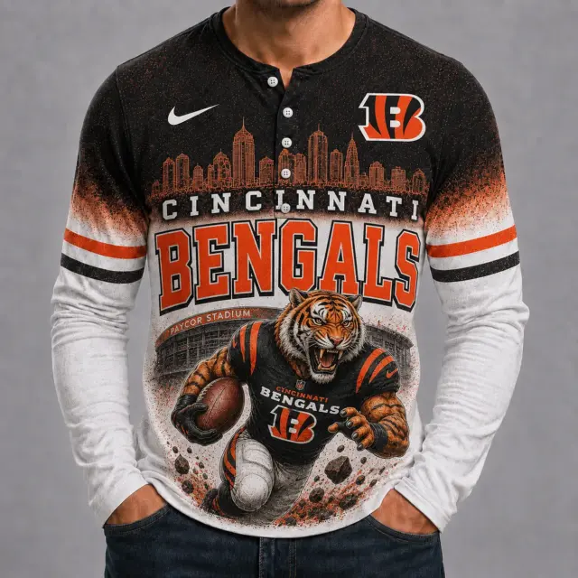 Cincinnati Bengals Mascot 3D Graphic Button Long Sleeve Shirt