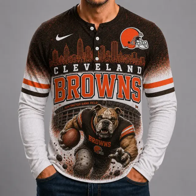 Cleveland Browns Mascot 3D Graphic Button Long Sleeve Shirt