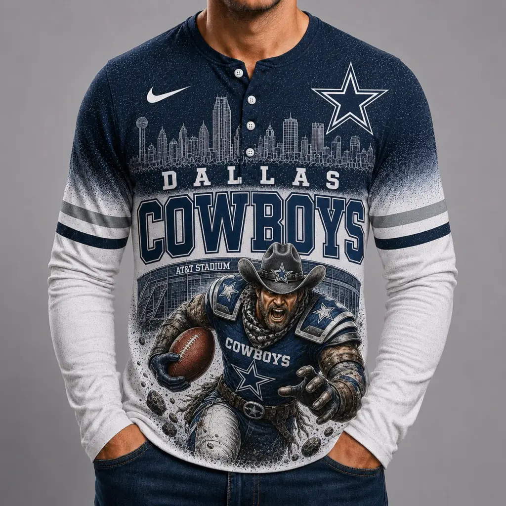 Dallas Cowboys Mascot 3D Graphic Button Long Sleeve Shirt