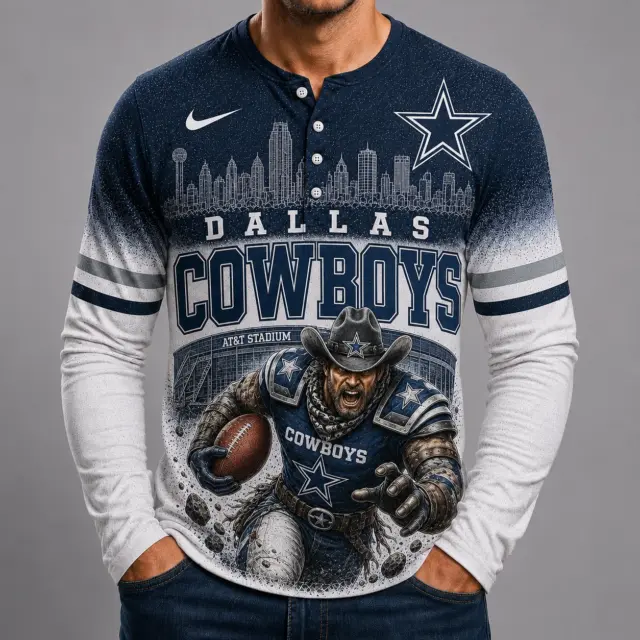 Dallas Cowboys Mascot 3D Graphic Button Long Sleeve Shirt