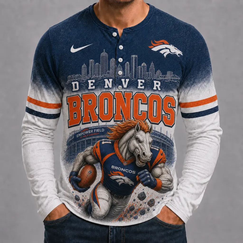 Denver Broncos Mascot 3D Graphic Button Long Sleeve Shirt