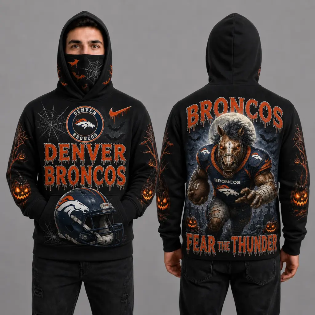 Denver Broncos Halloween Mascot 3D Graphic Mask Hoodie