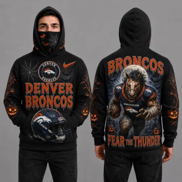 Denver Broncos Halloween Mascot 3D Graphic Mask Hoodie