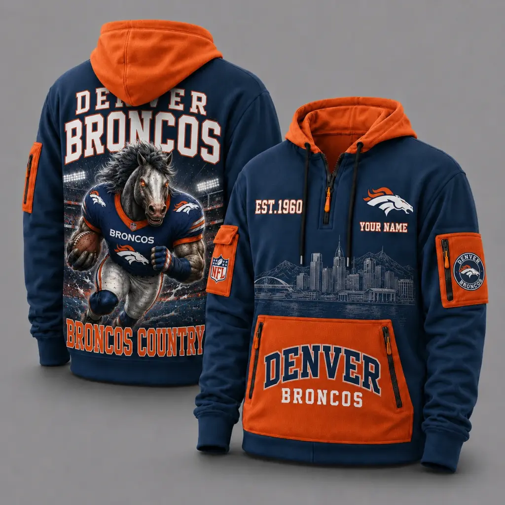 Denver Broncos Mascot Personalized Half-Zip Hoodie