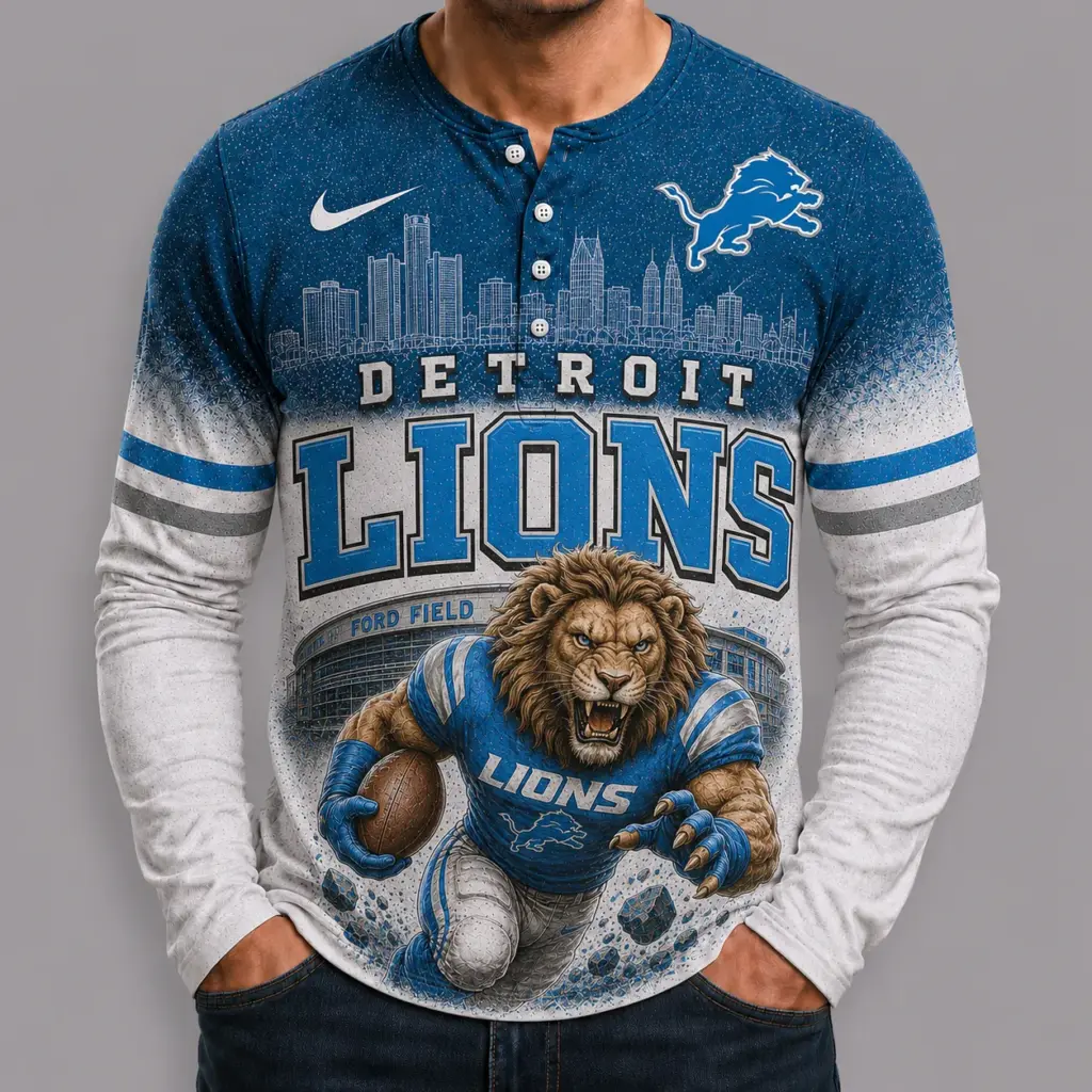 Detroit Lions Mascot 3D Graphic Button Long Sleeve Shirt