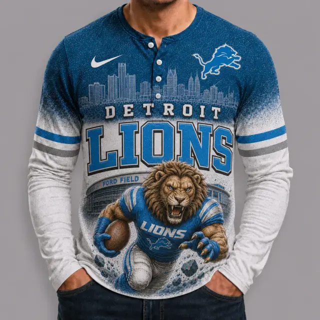 Detroit Lions Mascot 3D Graphic Button Long Sleeve Shirt