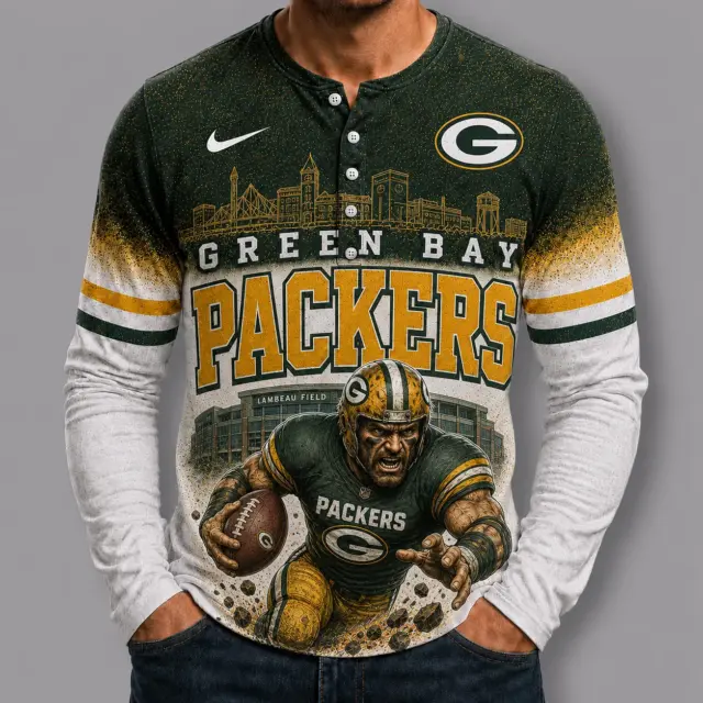Green Bay Packers Mascot 3D Graphic Button Long Sleeve Shirt