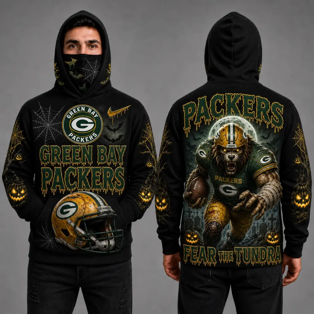 Green Bay Packers Halloween Mascot 3D Graphic Mask Hoodie