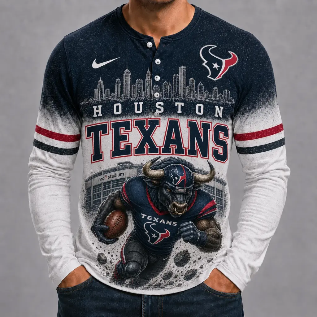 Houston Texans Mascot 3D Graphic Button Long Sleeve Shirt