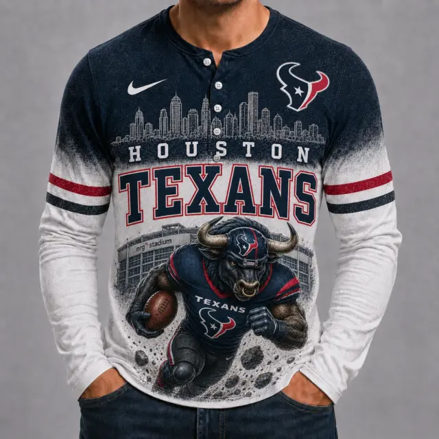 Houston Texans Mascot 3D Graphic Button Long Sleeve Shirt