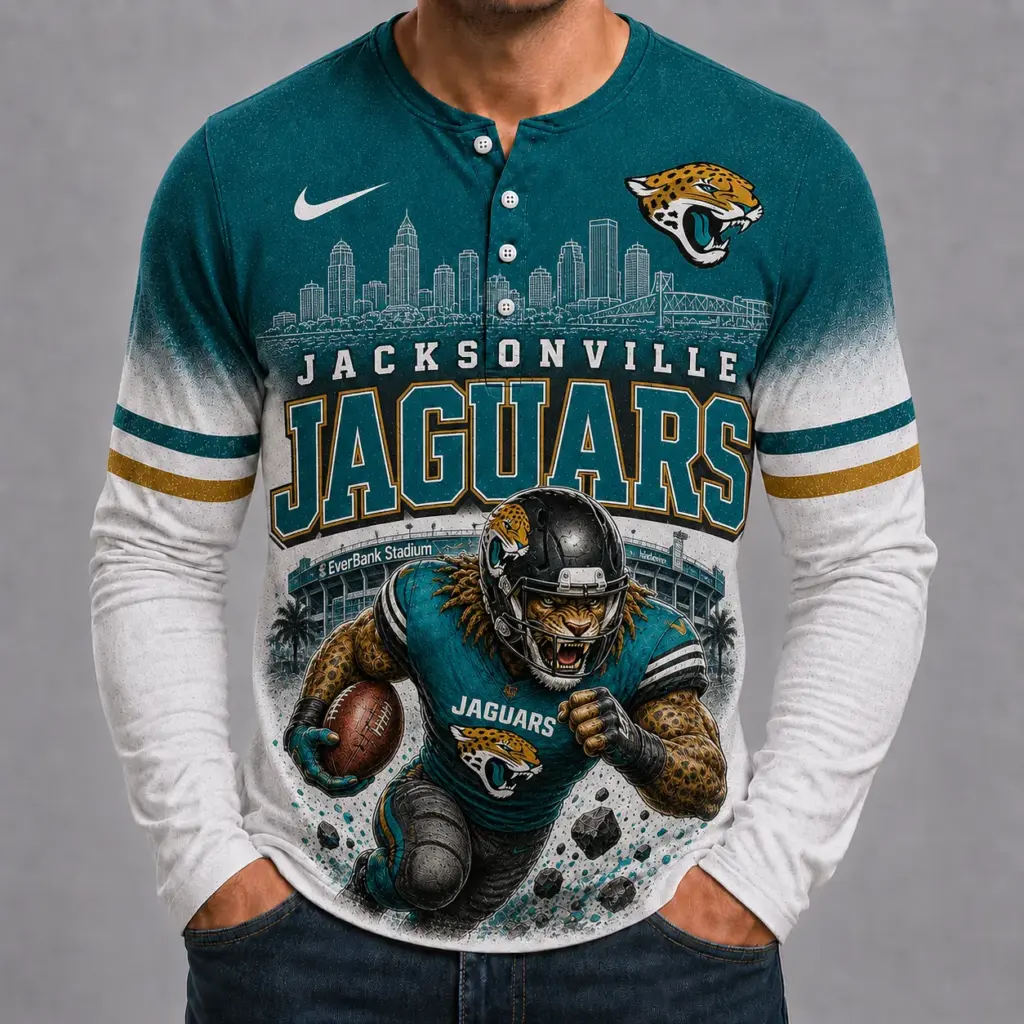 Jacksonville Jaguars Mascot 3D Graphic Button Long Sleeve Shirt