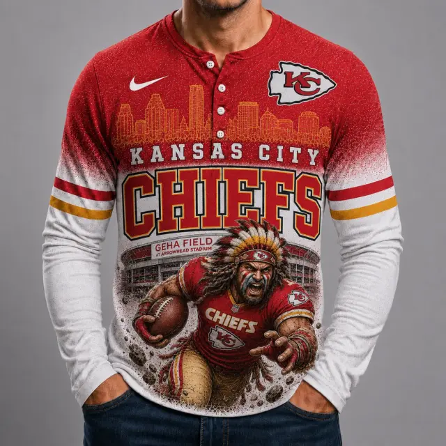Kansas City Chiefs Mascot 3D Graphic Button Long Sleeve Shirt