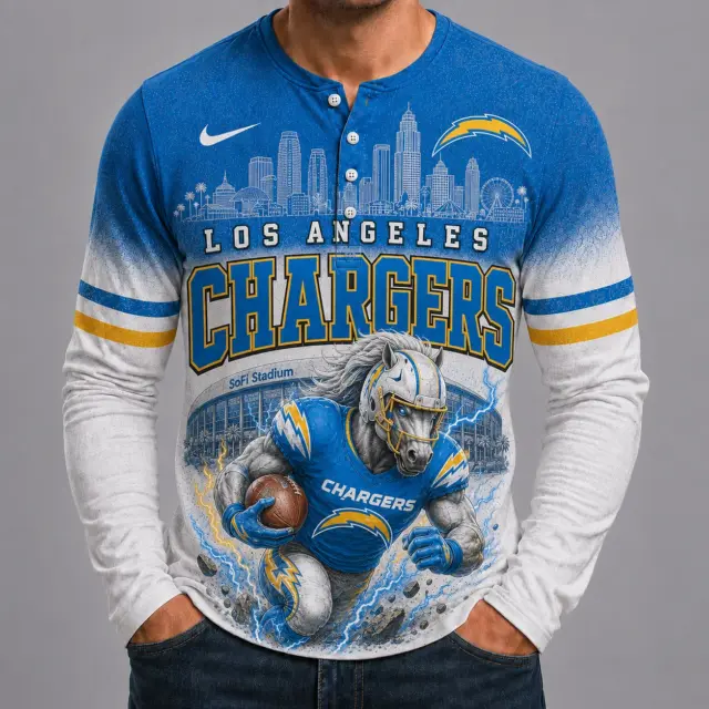 Los Angeles Chargers Mascot 3D Graphic Button Long Sleeve Shirt
