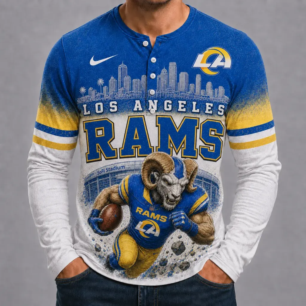 Los Angeles Rams Mascot 3D Graphic Button Long Sleeve Shirt