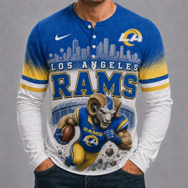 Los Angeles Rams Mascot 3D Graphic Button Long Sleeve Shirt