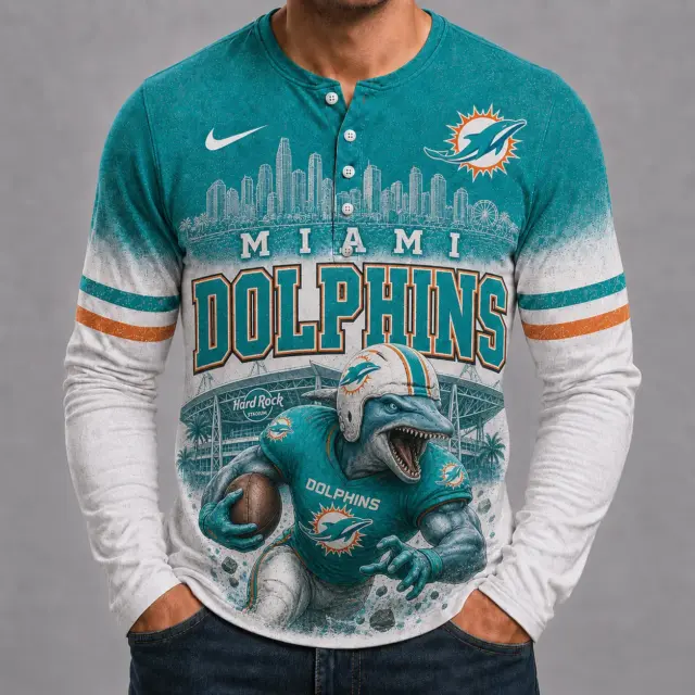 Miami Dolphins Mascot 3D Graphic Button Long Sleeve Shirt
