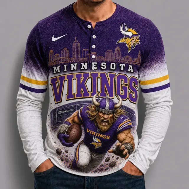 Minnesota Vikings Mascot 3D Graphic Button Long Sleeve Shirt
