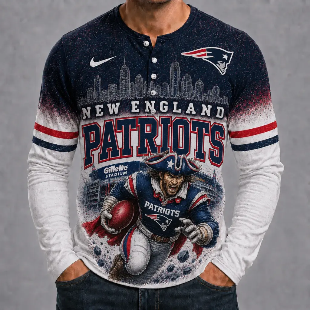 New England Patriots Mascot 3D Graphic Button Long Sleeve Shirt