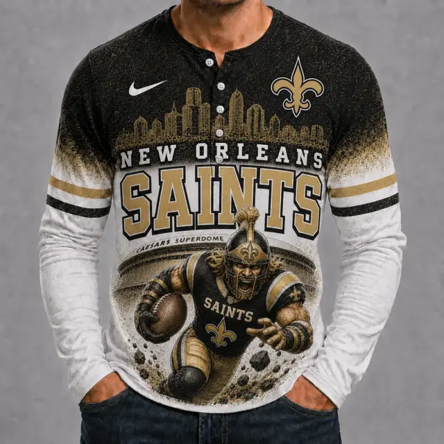 New Orleans Saints Mascot 3D Graphic Button Long Sleeve Shirt
