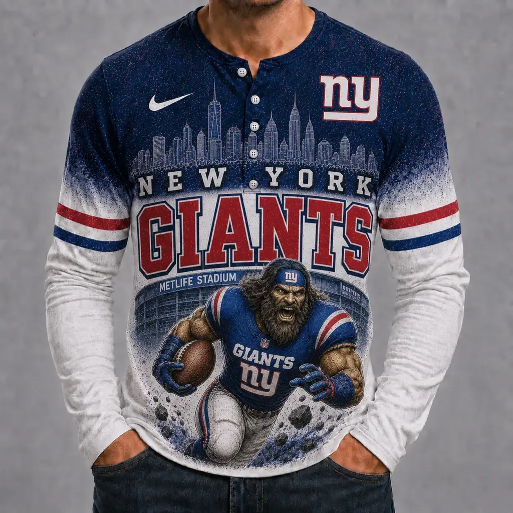 New York Giants Mascot 3D Graphic Button Long Sleeve Shirt