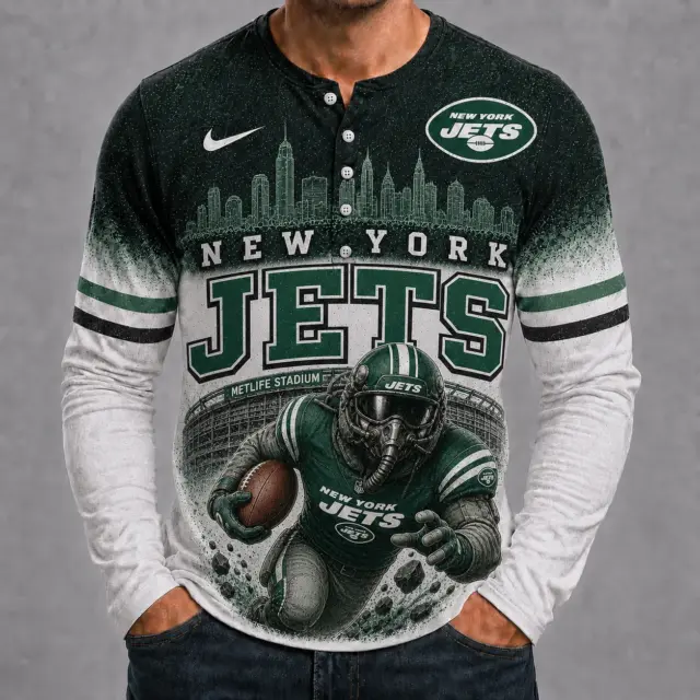 New York Jets Mascot 3D Graphic Button Long Sleeve Shirt