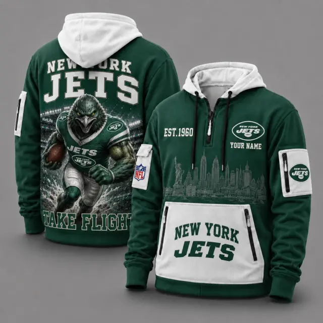 New York Jets Mascot Personalized Half-Zip Hoodie