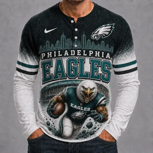 Philadelphia Eagles Mascot 3D Graphic Button Long Sleeve Shirt