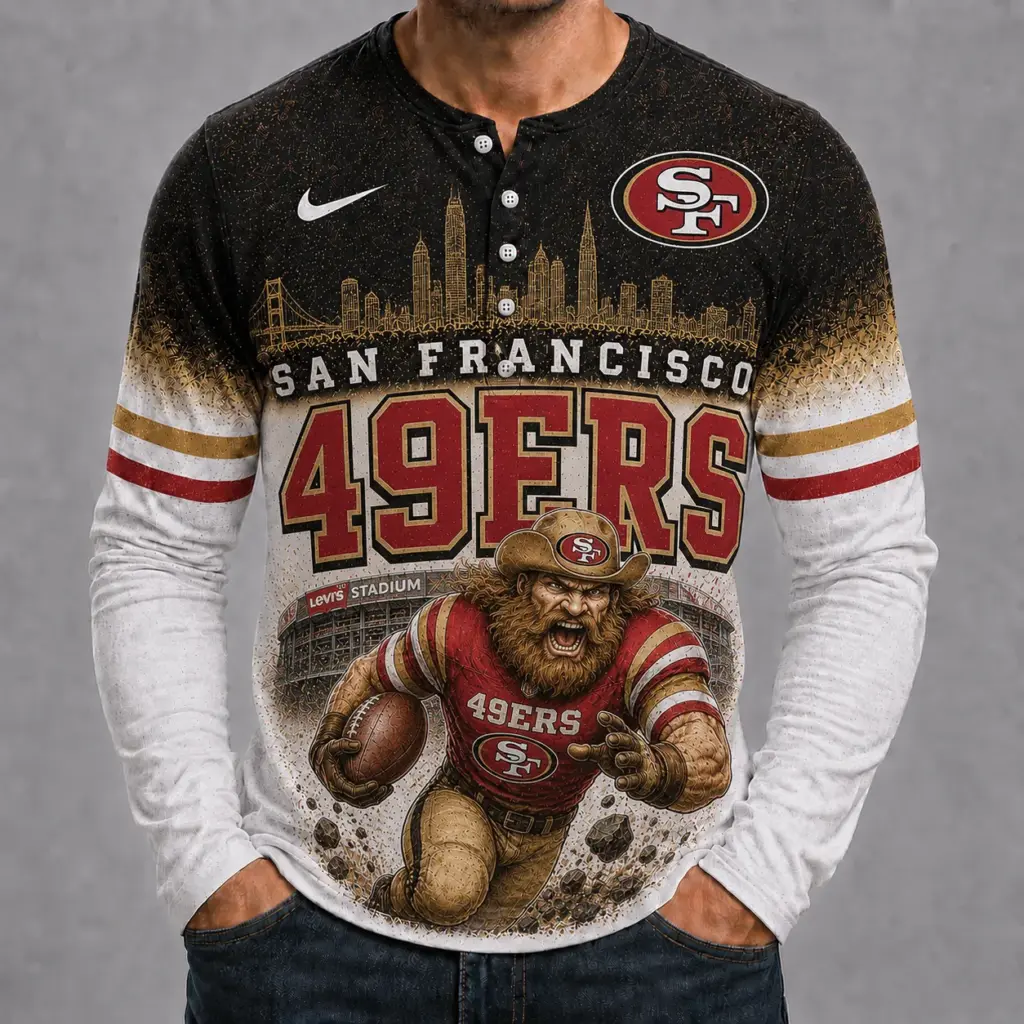San Francisco 49ers Mascot 3D Graphic Button Long Sleeve Shirt