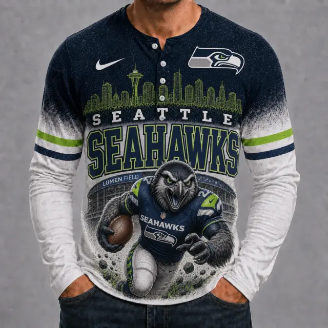 Seattle Seahawks Mascot 3D Graphic Button Long Sleeve Shirt