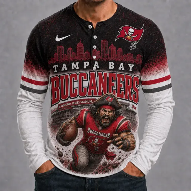 Tampa Bay Buccaneers Mascot 3D Graphic Button Long Sleeve Shirt